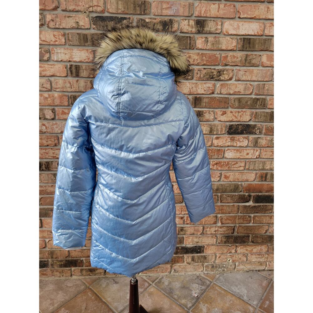 Lands End Blue Metallic Soft Puffer Parka Jacket Faux Fur Lined Girls XL 16 Coat - Picture 2 of 6
